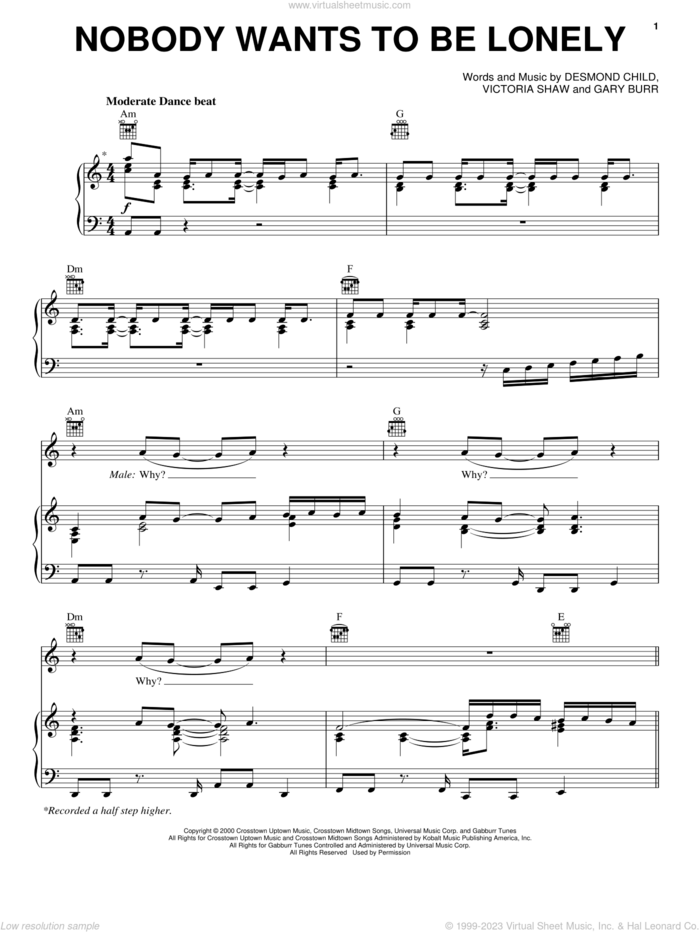Nobody Wants To Be Lonely sheet music for voice, piano or guitar by Ricky Martin with Christina Aguilera, Christina Aguilera, Ricky Martin, Desmond Child, Gary Burr and Victoria Shaw, intermediate skill level
