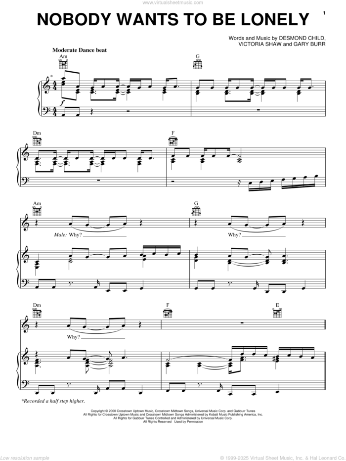 Nobody Wants To Be Lonely sheet music for voice, piano or guitar by Ricky Martin with Christina Aguilera, Christina Aguilera, Ricky Martin, Desmond Child, Gary Burr and Victoria Shaw, intermediate skill level