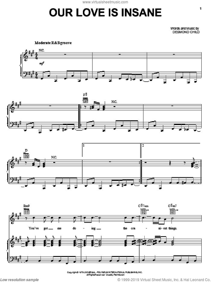 Our Love Is Insane sheet music for voice, piano or guitar by Desmond Child & Rouge and Desmond Child, intermediate skill level