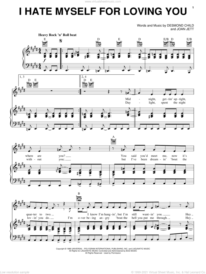 I Hate Myself For Loving You sheet music for voice, piano or guitar by Joan Jett, Rock Of Ages (Musical) and Desmond Child, intermediate skill level