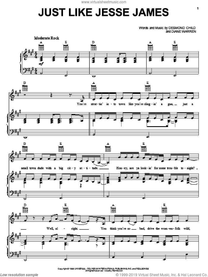 Just Like Jesse James sheet music for voice, piano or guitar by Cher, Desmond Child and Diane Warren, intermediate skill level