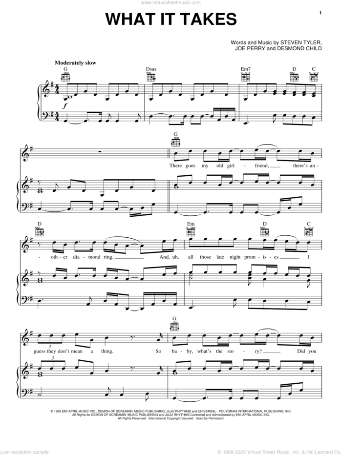 What It Takes sheet music for voice, piano or guitar by Aerosmith, Desmond Child, Joe Perry and Steven Tyler, intermediate skill level