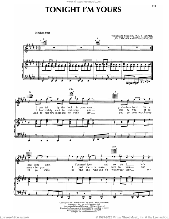 Tonight I'm Yours (Don't Hurt Me) sheet music for voice, piano or guitar by Rod Stewart, Jim Cregan and Kevin Savigar, intermediate skill level