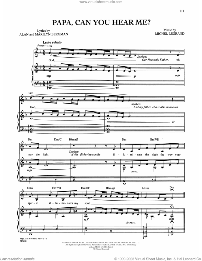 Papa, Can You Hear Me? (from Yentl) sheet music for voice, piano or guitar by Barbra Streisand, Alan Bergman, Marilyn Bergman and Michel LeGrand, intermediate skill level