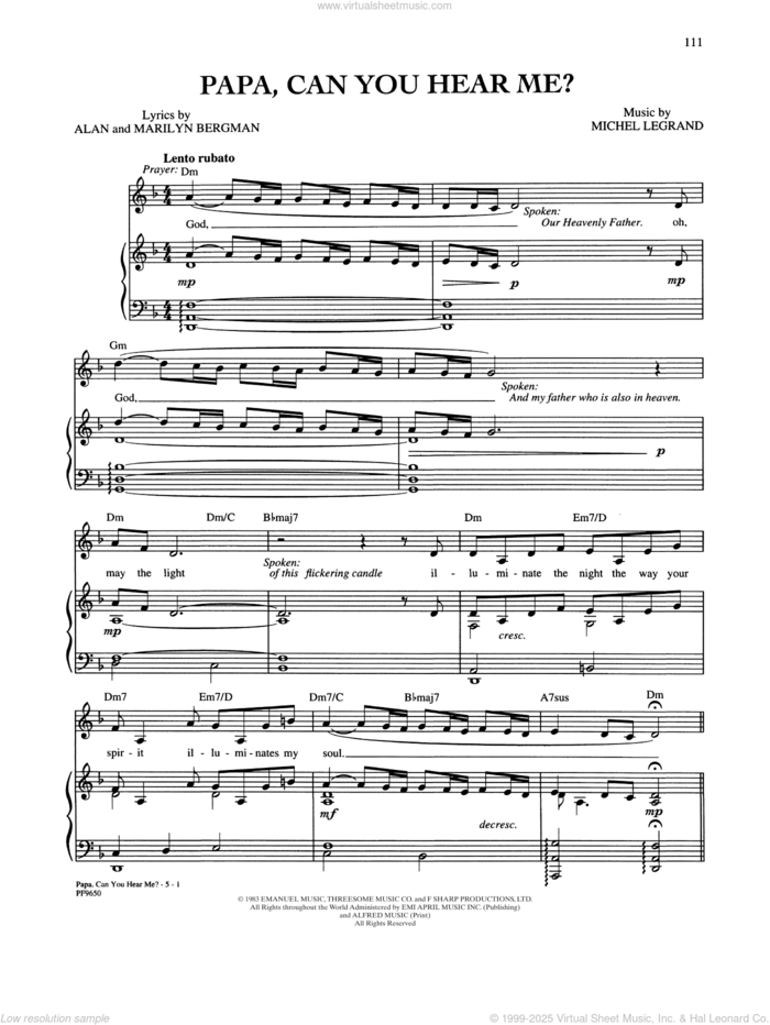 Papa, Can You Hear Me? (from Yentl) sheet music for voice, piano or guitar by Barbra Streisand, Alan Bergman, Marilyn Bergman and Michel LeGrand, intermediate skill level