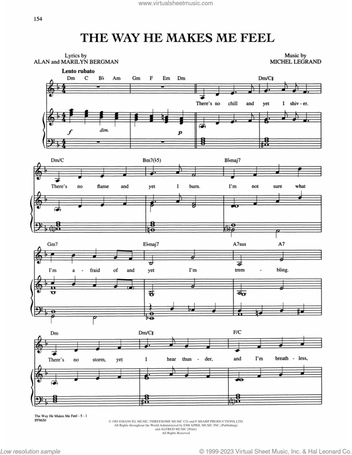The Way He Makes Me Feel (from Yentl) sheet music for voice, piano or guitar by Barbra Streisand, Alan Bergman, Marilyn Bergman and Michel LeGrand, intermediate skill level