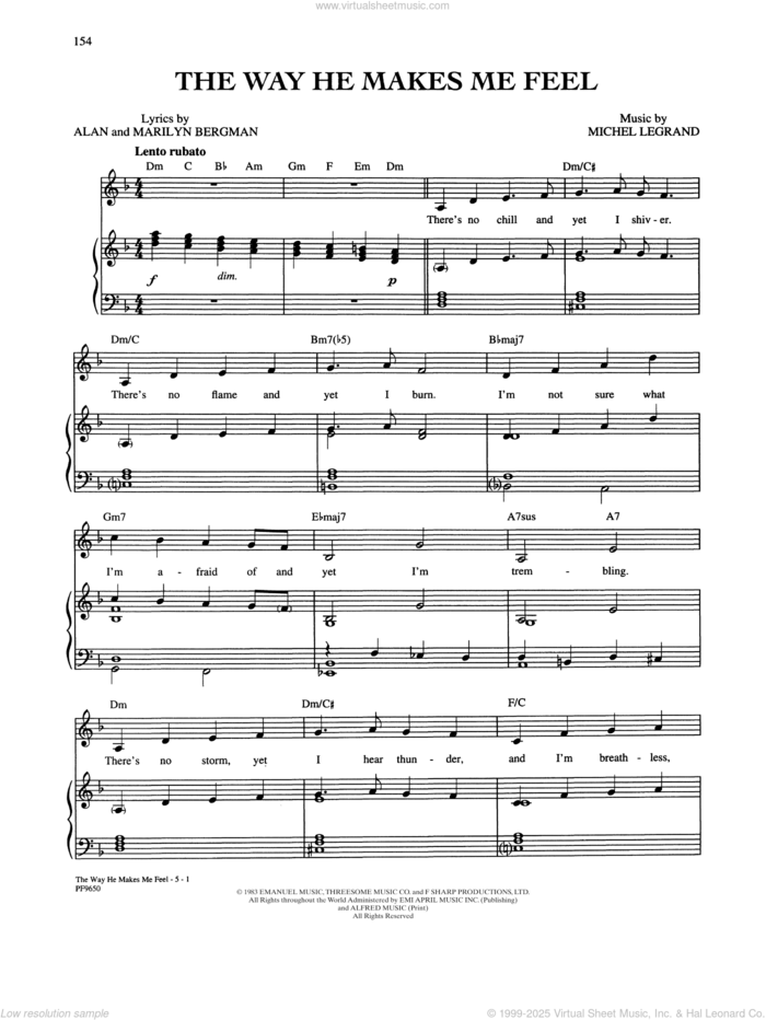 The Way He Makes Me Feel (from Yentl) sheet music for voice, piano or guitar by Barbra Streisand, Alan Bergman, Marilyn Bergman and Michel LeGrand, intermediate skill level