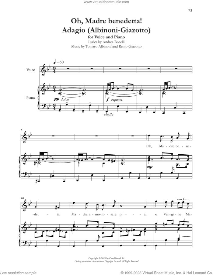 Oh, Madre Benedetta! (Adagio Di Albinoni) sheet music for voice and piano by Andrea Bocelli, Remo Giazotto and Tomaso Albinoni, intermediate skill level