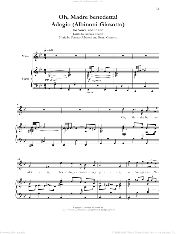 Oh, Madre Benedetta! (Adagio Di Albinoni) sheet music for voice and piano by Andrea Bocelli, Remo Giazotto and Tomaso Albinoni, intermediate skill level