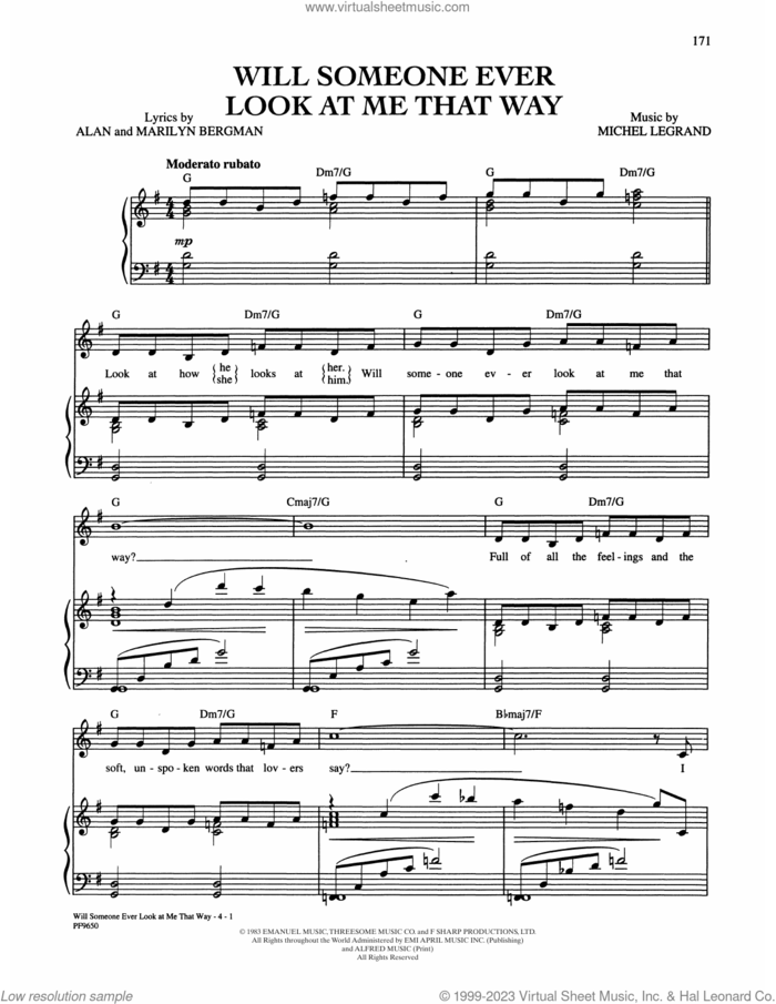 Will Someone Ever Look At Me That Way? (from Yentl) sheet music for voice, piano or guitar by Barbra Streisand, Alan Bergman, Marilyn Bergman and Michel LeGrand, intermediate skill level