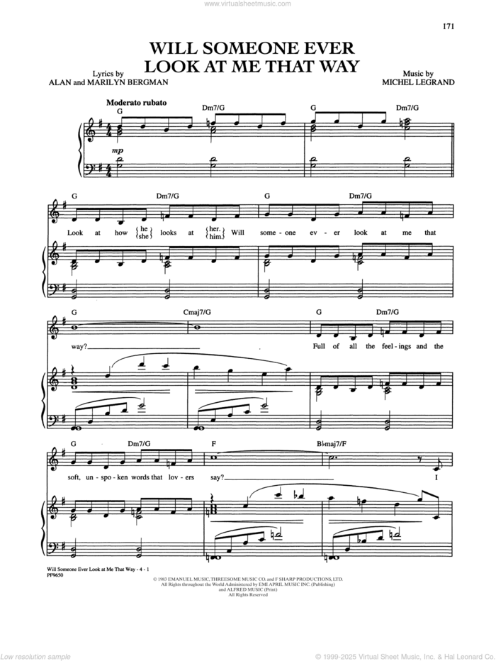 Will Someone Ever Look At Me That Way? (from Yentl) sheet music for voice, piano or guitar by Barbra Streisand, Alan Bergman, Marilyn Bergman and Michel LeGrand, intermediate skill level