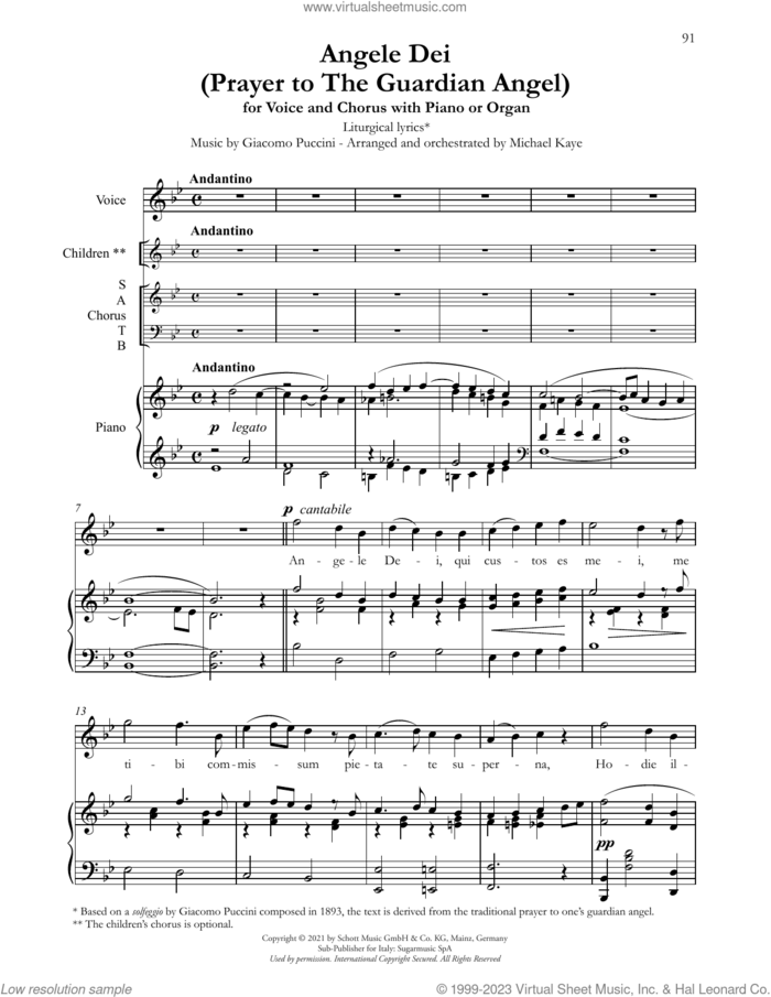 Angele Dei (Prayer To The Guardian Angel) (arr. Michael Kaye) sheet music for choir (SATB: soprano, alto, tenor, bass) by Andrea Bocelli, Michael Kaye and Giacomo Puccini, intermediate skill level