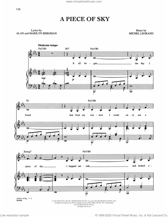 A Piece Of Sky (from Yentl) sheet music for voice, piano or guitar by Barbra Streisand, Alan Bergman, Marilyn Bergman and Michel LeGrand, intermediate skill level