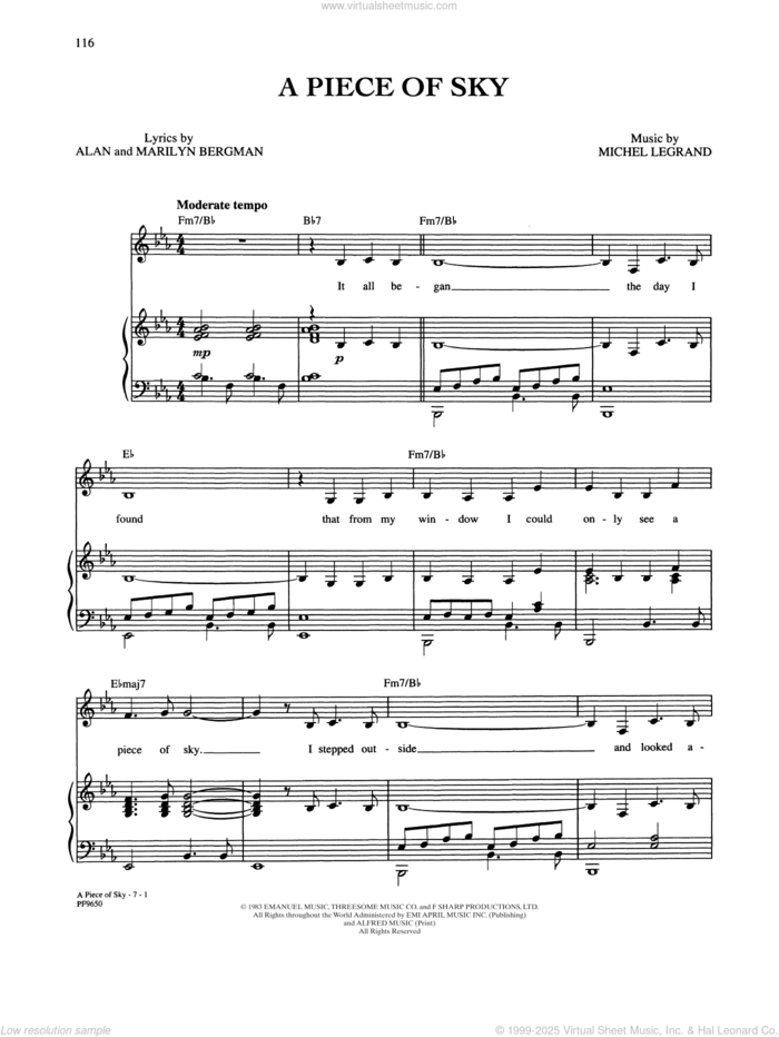 A Piece Of Sky (from Yentl) sheet music for voice, piano or guitar by Barbra Streisand, Alan Bergman, Marilyn Bergman and Michel LeGrand, intermediate skill level