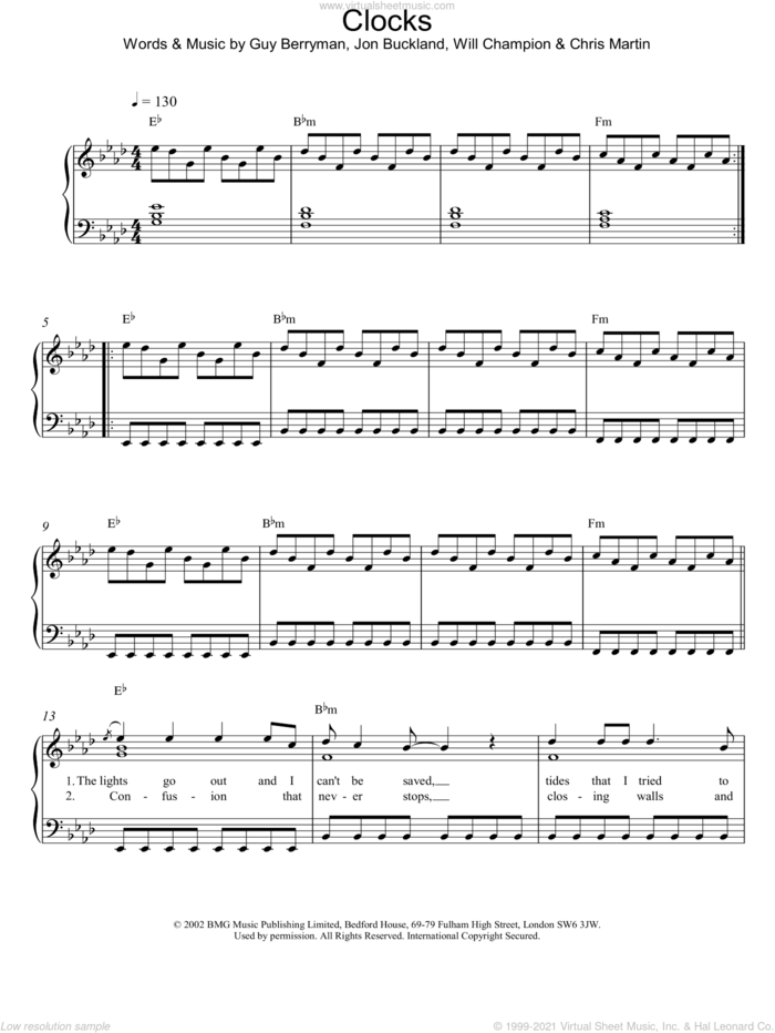 Clocks, (intermediate) sheet music for piano solo by Coldplay, intermediate skill level