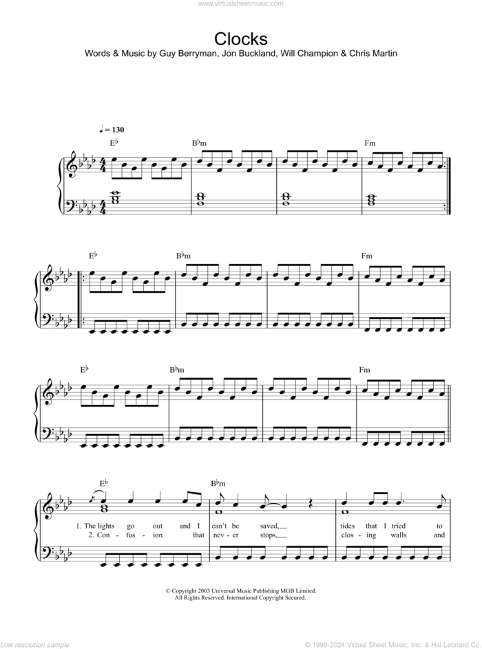 Clocks, (intermediate) sheet music for piano solo by Coldplay, intermediate skill level