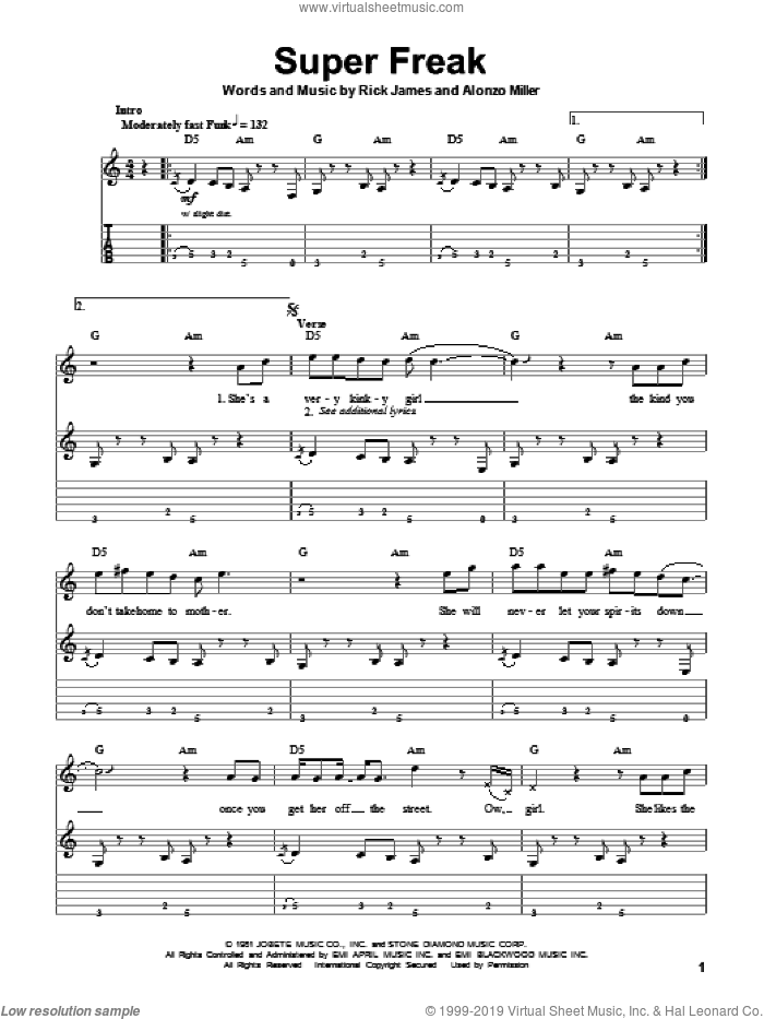 Super Freak sheet music for guitar (tablature, play-along) by Rick James and Alonzo Miller, intermediate skill level