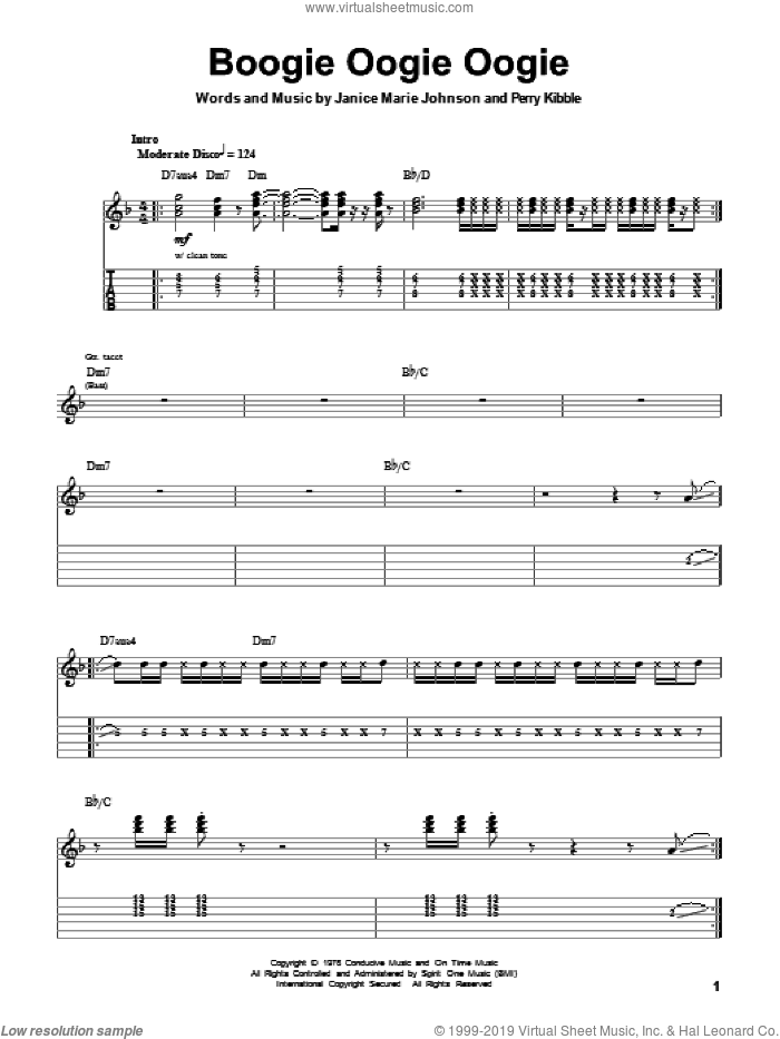 Boogie Oogie Oogie sheet music for guitar (tablature, play-along) by A Taste Of Honey, Janice Marie Johnson and Perry Kibble, intermediate skill level