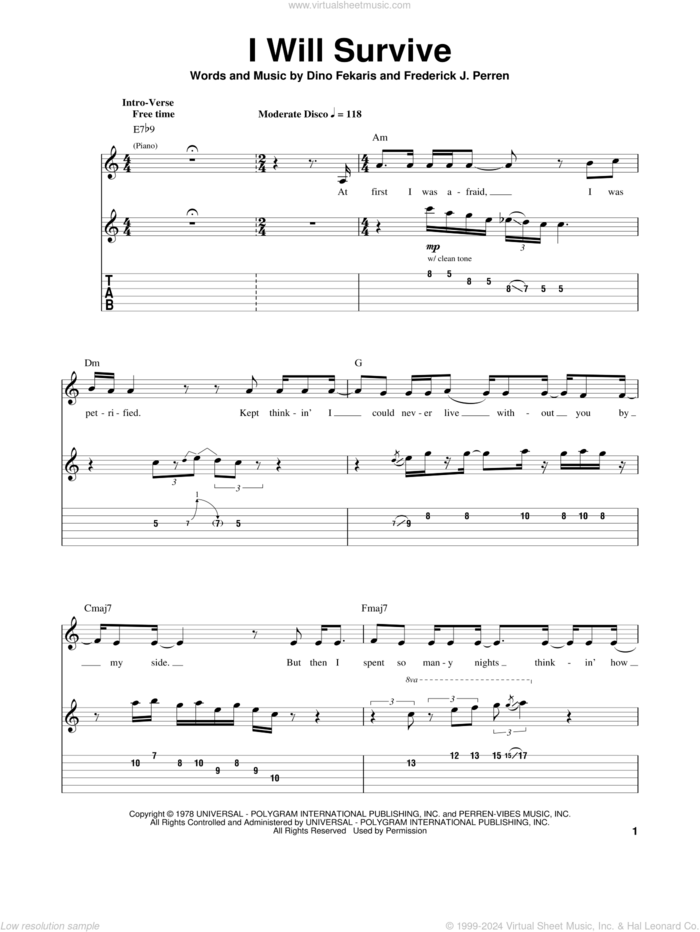 I Will Survive sheet music for guitar (tablature, play-along) by Gloria Gaynor, Dino Fekaris and Frederick Perren, intermediate skill level