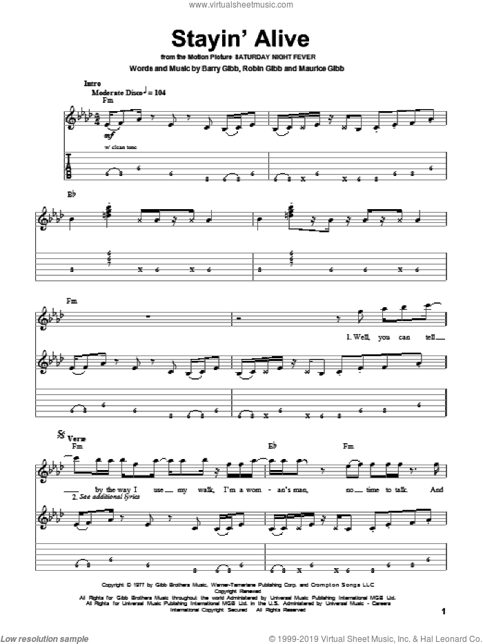 Stayin' Alive sheet music for guitar (tablature, play-along) by Bee Gees, Barry Gibb, Maurice Gibb and Robin Gibb, intermediate skill level
