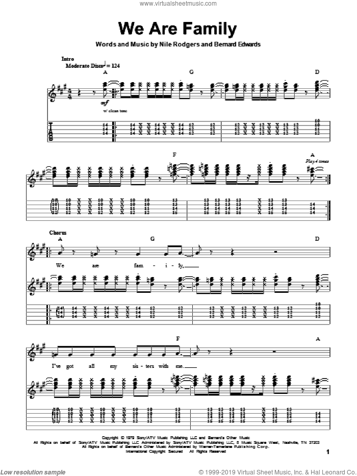 We Are Family sheet music for guitar (tablature, play-along) by Sister Sledge, Bernard Edwards and Nile Rodgers, intermediate skill level