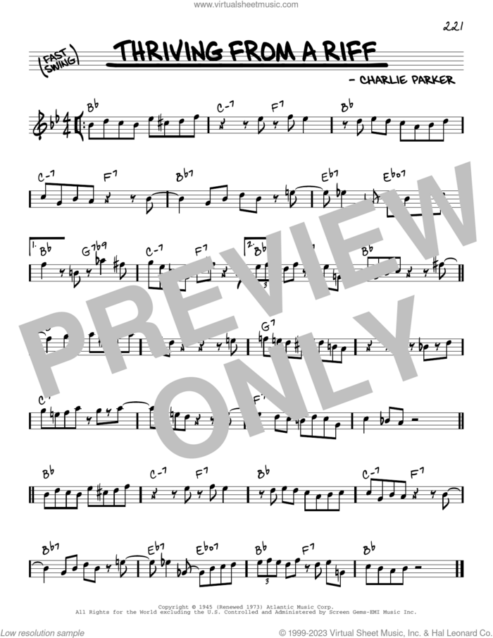 Thriving From A Riff sheet music for voice and other instruments (real book) by Charlie Parker, intermediate skill level
