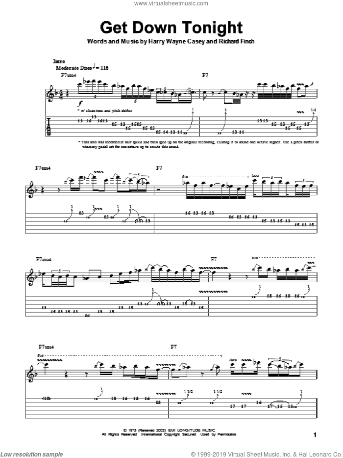 Get Down Tonight sheet music for guitar (tablature, play-along) by KC & The Sunshine Band, Harry Wayne Casey and Richard Finch, intermediate skill level