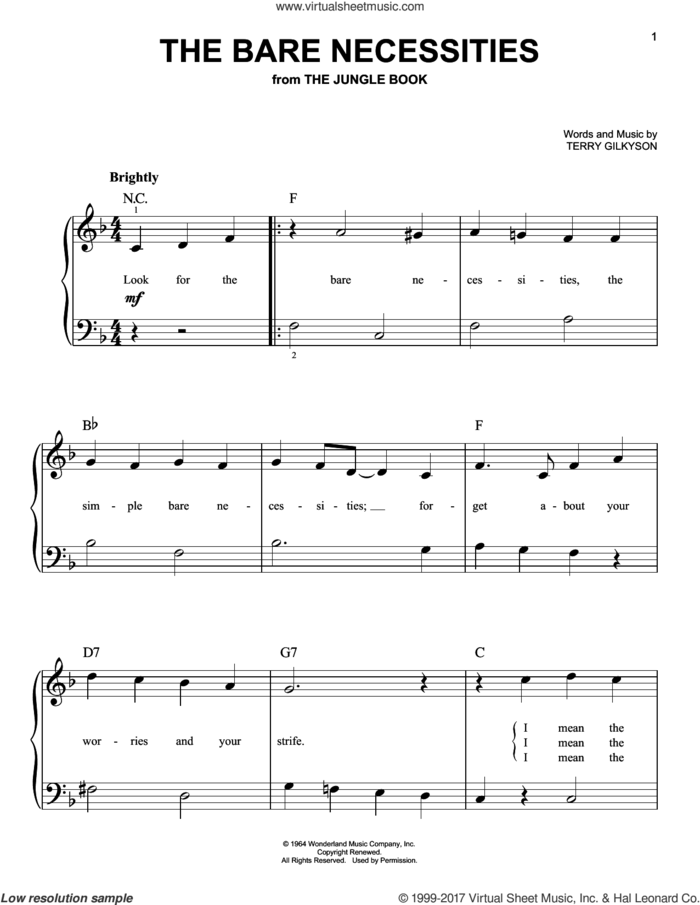 The Bare Necessities, (easy) sheet music for piano solo by Terry Gilkyson, easy skill level