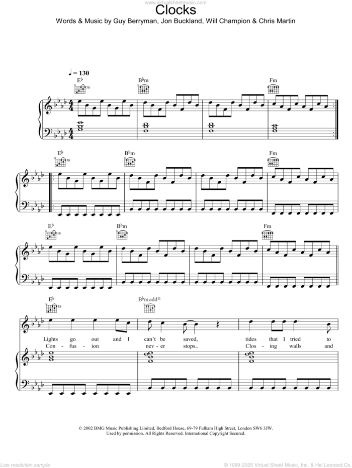 Clocks sheet music for voice, piano or guitar by Coldplay, intermediate skill level