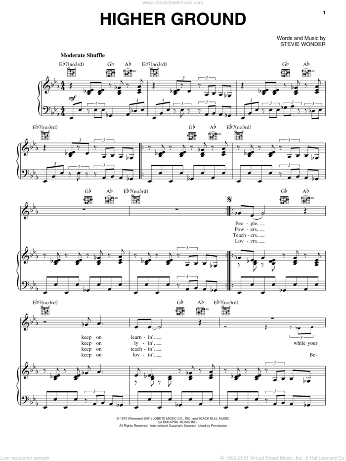 Higher Ground sheet music for voice, piano or guitar by Stevie Wonder and Red Hot Chili Peppers, intermediate skill level