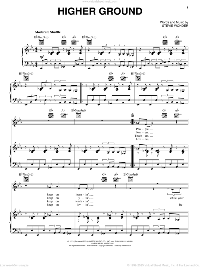 Higher Ground sheet music for voice, piano or guitar by Stevie Wonder and Red Hot Chili Peppers, intermediate skill level