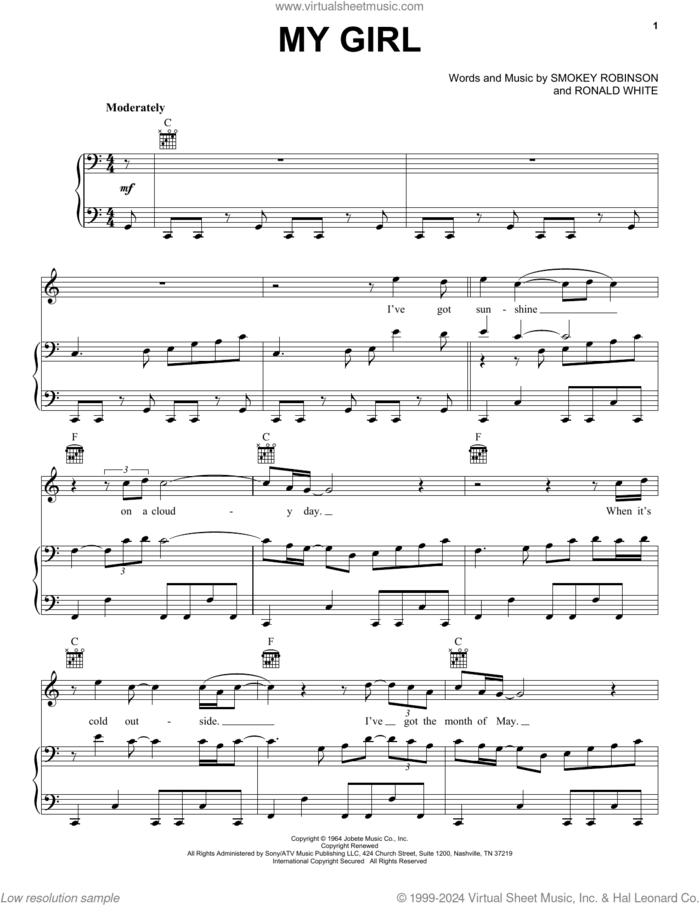 My Girl sheet music for voice, piano or guitar by William 'Smokey' Robinson, The Temptations and Ronald White, intermediate skill level
