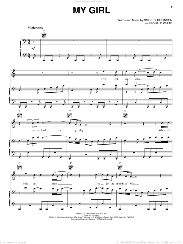 My Girl sheet music for voice, piano or guitar by William 'Smokey' Robinson, The Temptations and Ronald White, intermediate skill level