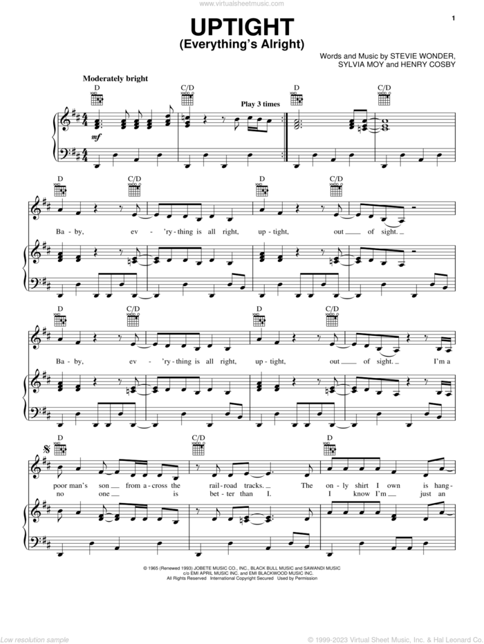 Uptight (Everything's Alright) sheet music for voice, piano or guitar by Stevie Wonder, Henry Cosby and Sylvia Moy, intermediate skill level