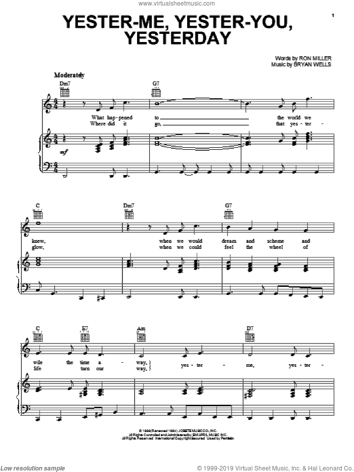 Yester-Me, Yester-You, Yesterday sheet music for voice, piano or guitar by Stevie Wonder, Bryan Wells and Ron Miller, intermediate skill level