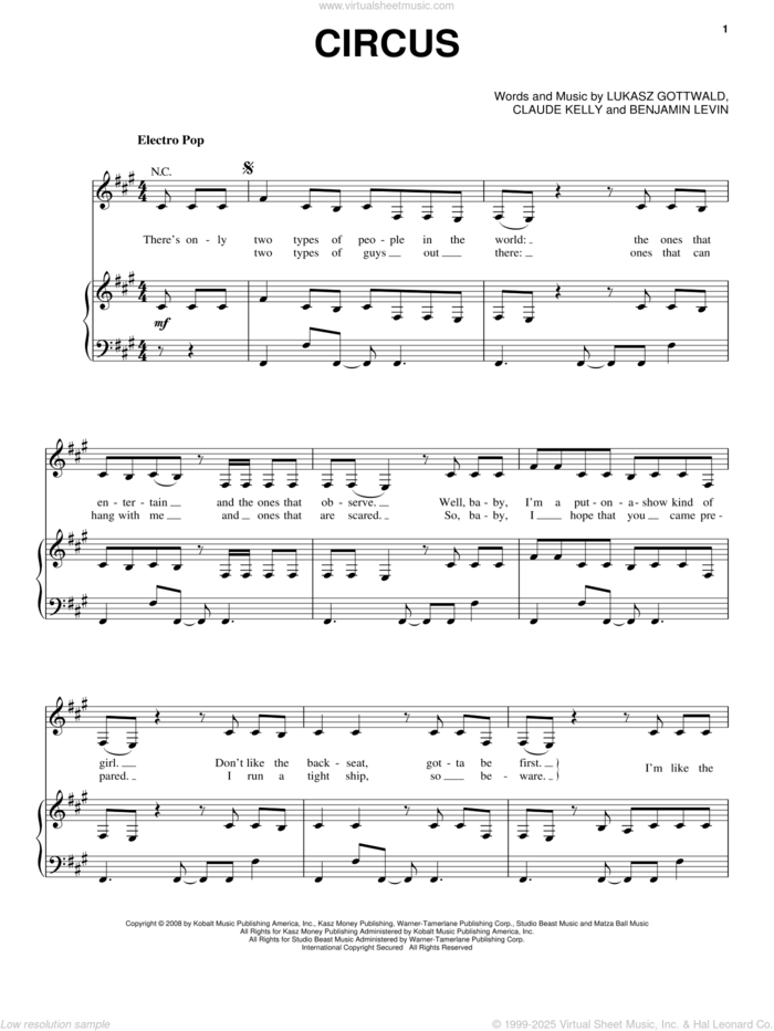 Circus sheet music for voice, piano or guitar by Britney Spears, Benjamin Levin, Claude Kelly and Lukasz Gottwald, intermediate skill level