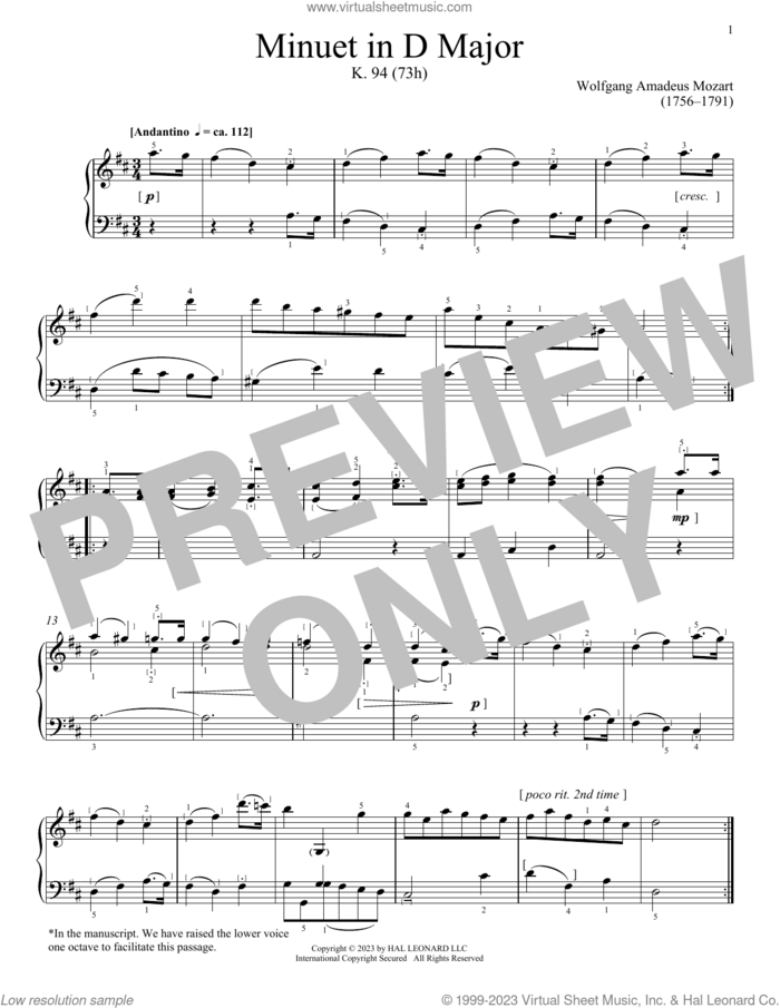 Minuet in D Major, K. 94 (73h) sheet music for piano solo by Wolfgang Amadeus Mozart, classical score, intermediate skill level