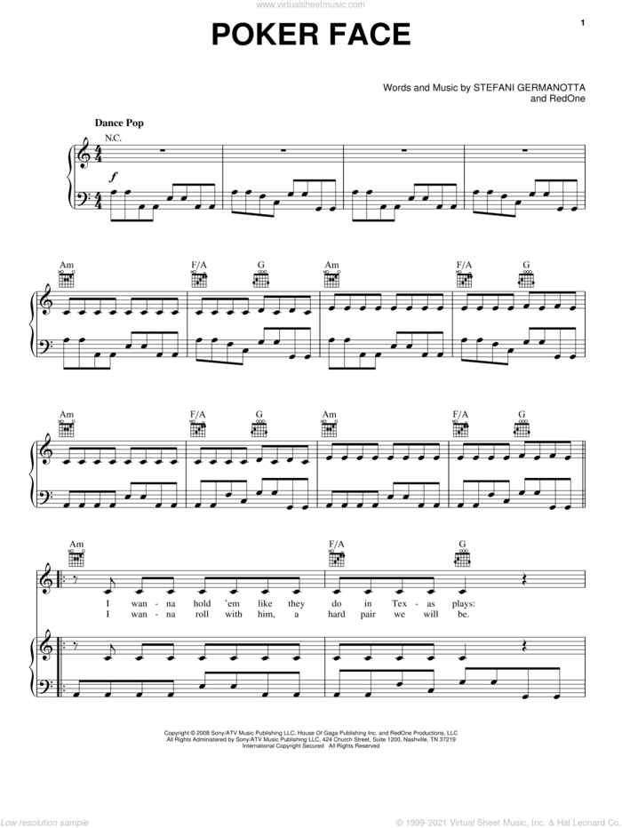 Poker Face sheet music for voice, piano or guitar by Lady GaGa and RedOne, intermediate skill level