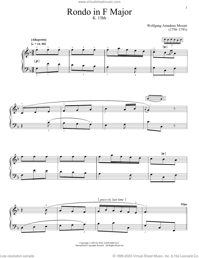 Rondo, K. 15hh sheet music for piano solo by Wolfgang Amadeus Mozart, classical score, intermediate skill level
