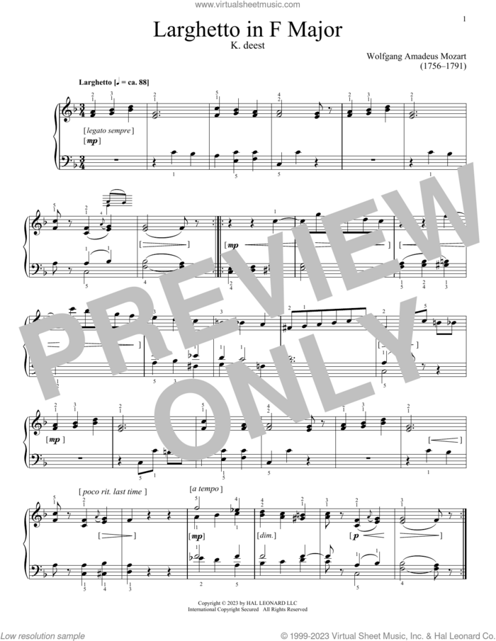 Larghetto in F Major, K. deest sheet music for piano solo by Wolfgang Amadeus Mozart, classical score, intermediate skill level
