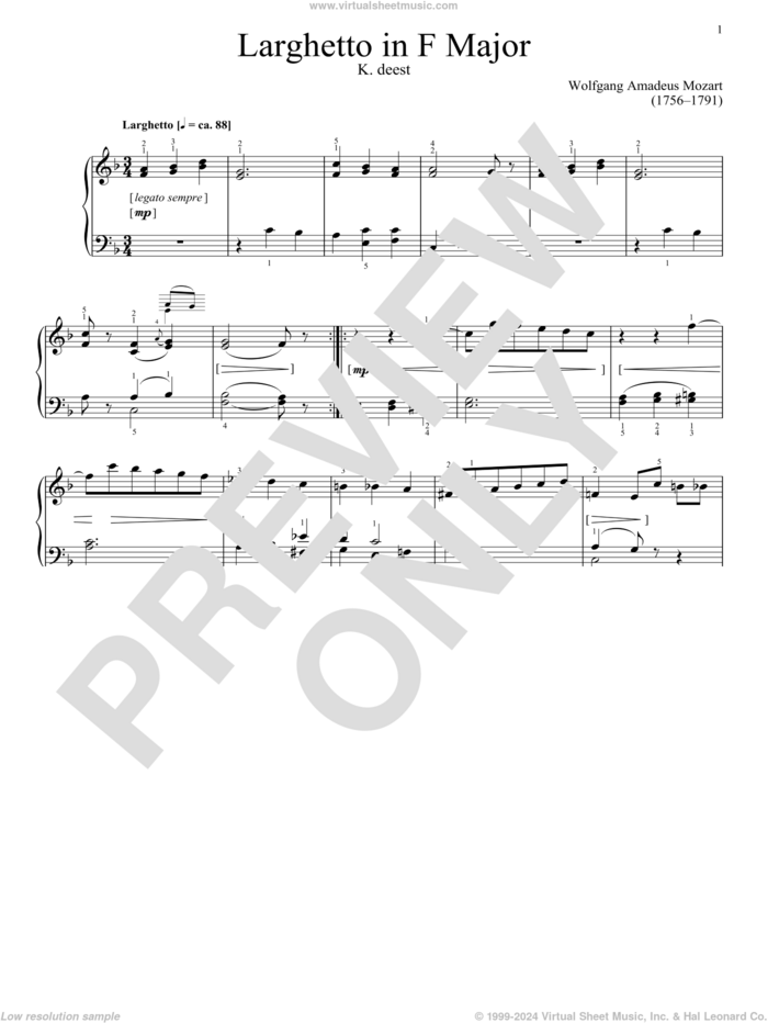 Larghetto in F Major, K. deest sheet music for piano solo by Wolfgang Amadeus Mozart, classical score, intermediate skill level