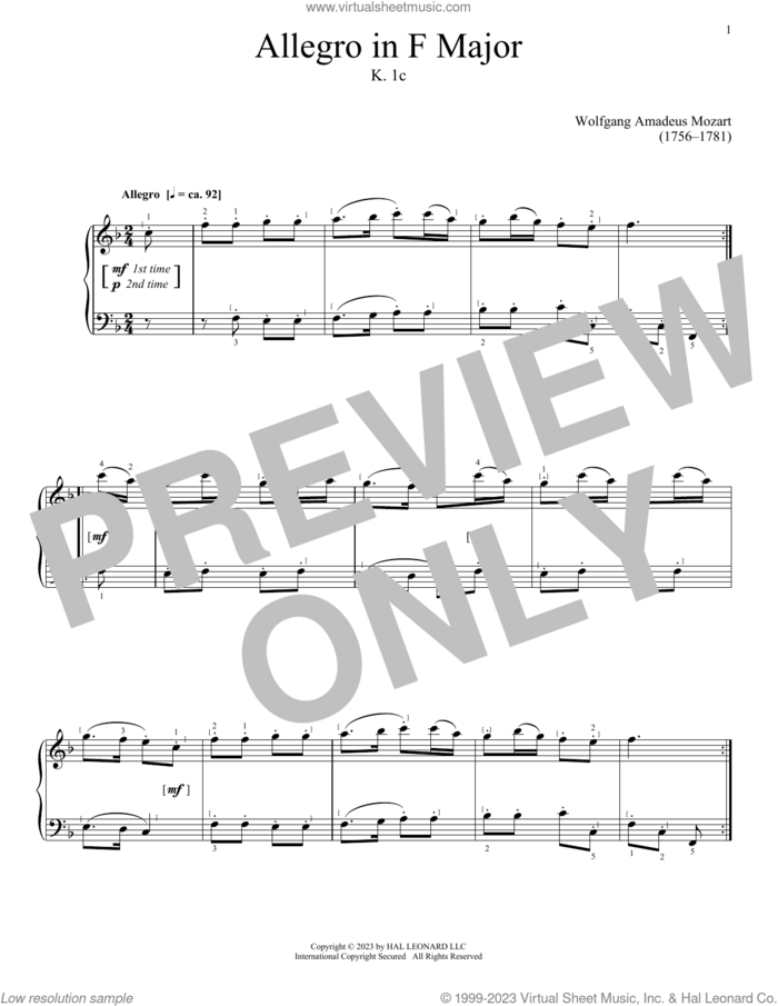 Allegro in F Major, K. 1c sheet music for piano solo by Wolfgang Amadeus Mozart, classical score, intermediate skill level