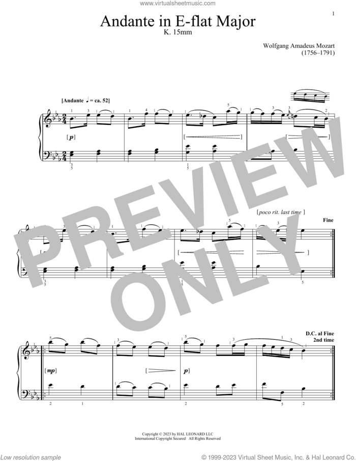 Andante, K. 15mm sheet music for piano solo by Wolfgang Amadeus Mozart, classical score, intermediate skill level
