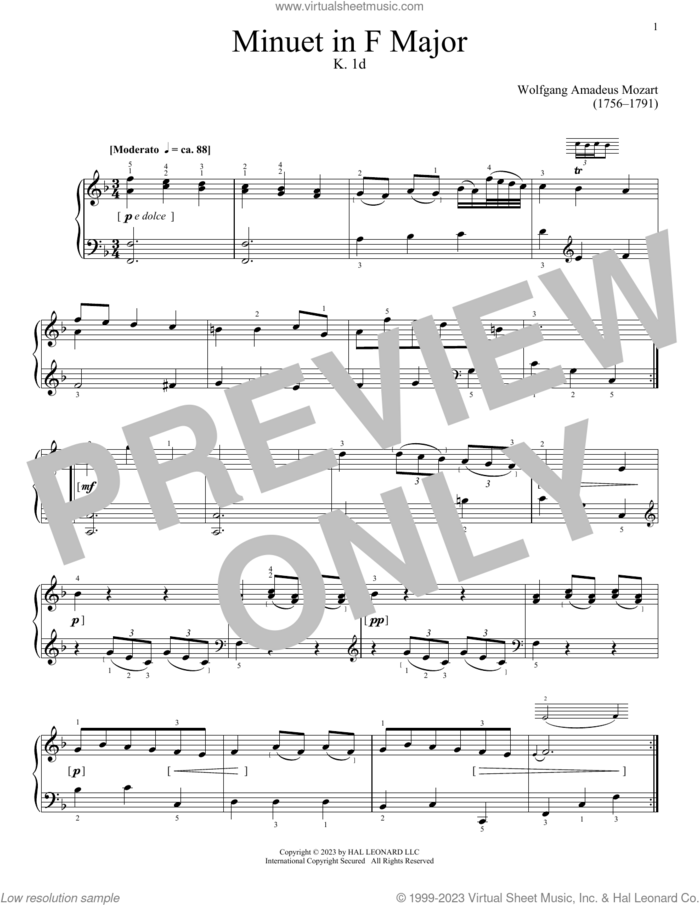 Minuet in F Major, K. 1d sheet music for piano solo by Wolfgang Amadeus Mozart, classical score, intermediate skill level