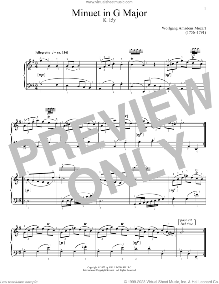 Minuet in G Major, K. 15y sheet music for piano solo by Wolfgang Amadeus Mozart, classical score, intermediate skill level