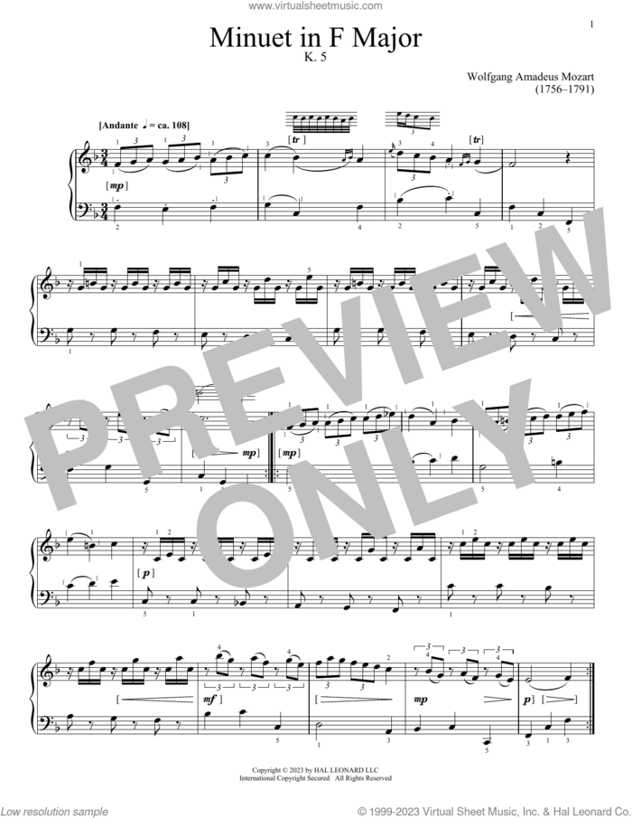Minuet In F Major sheet music for piano solo by Wolfgang Amadeus Mozart, classical score, intermediate skill level