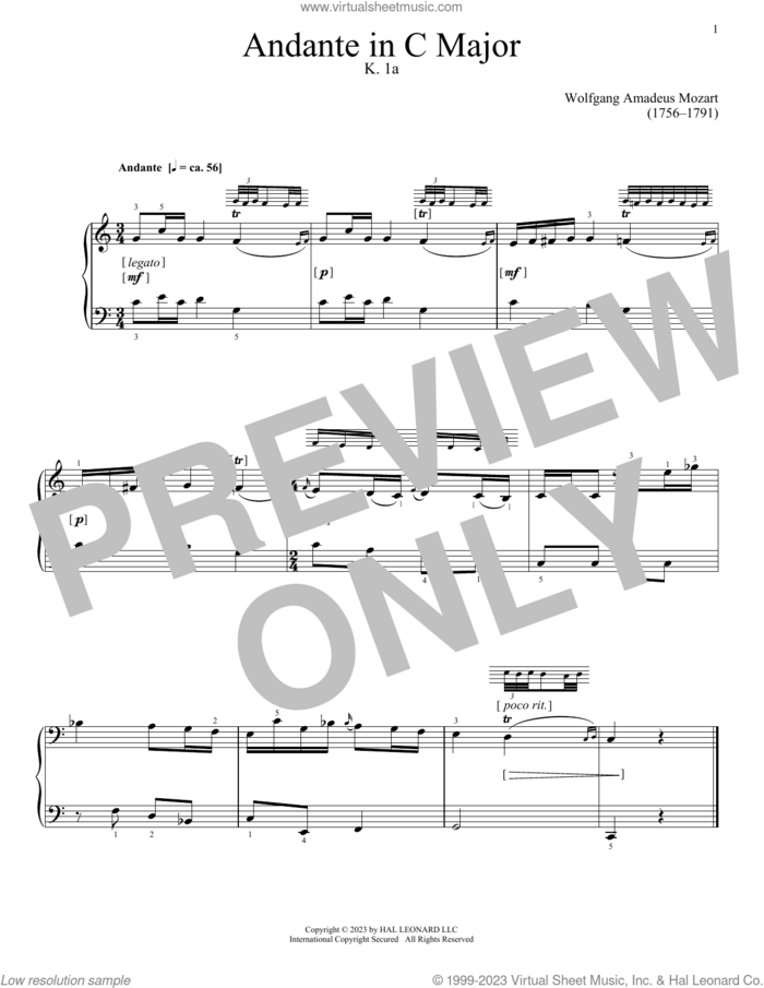 Andante, K. 1A sheet music for piano solo by Wolfgang Amadeus Mozart, classical score, intermediate skill level