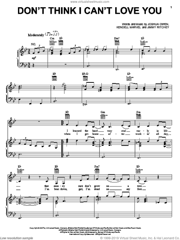 Don't Think I Can't Love You sheet music for voice, piano or guitar by Jake Owen, Jimmy Ritchey, Joshua Owen and Kendell Marvell, intermediate skill level