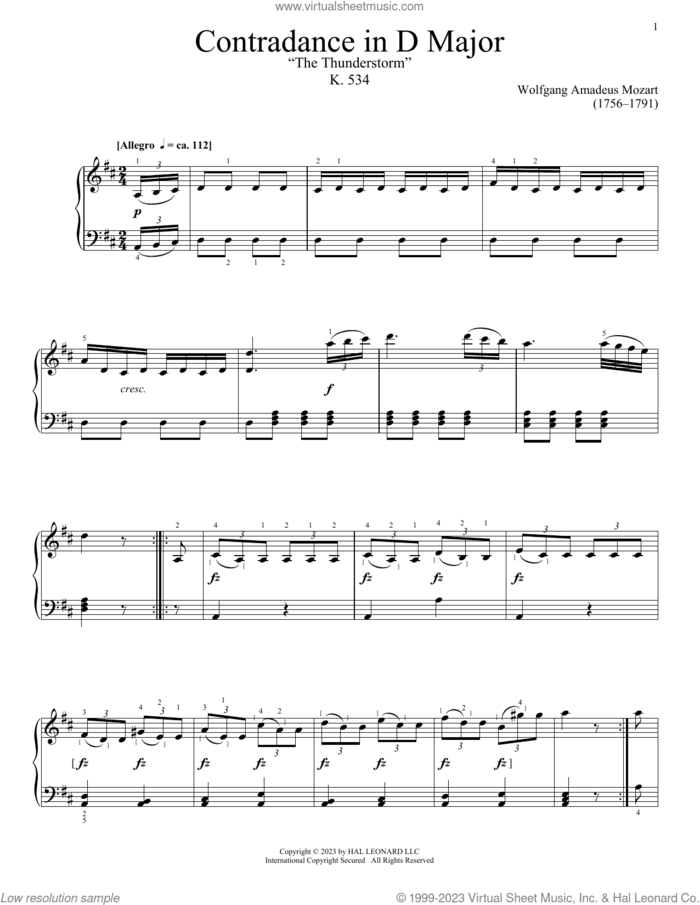Contredance In D Major, K. 534 sheet music for piano solo by Wolfgang Amadeus Mozart, classical score, intermediate skill level