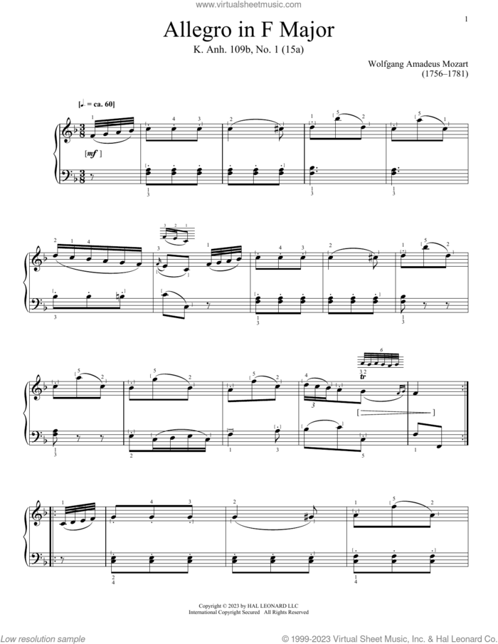 Allegro in F Major, K. Anh. 109, No. 1 (15a) sheet music for piano solo by Wolfgang Amadeus Mozart, classical score, intermediate skill level